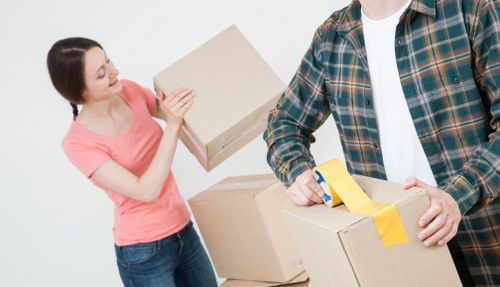 Packed boxes and furniture ready for transport in London