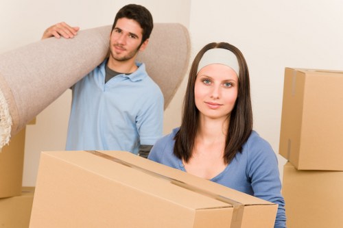 Office relocation in London with desks, chairs, and packed equipment